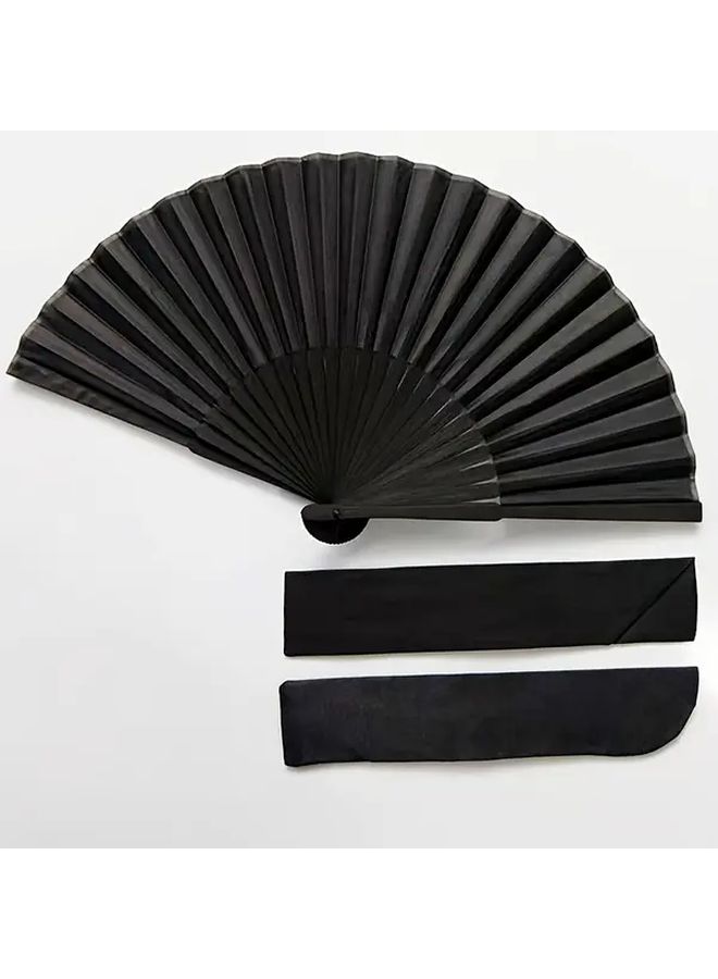 Black Chinese Bamboo Folding Fan Portable Green Leaf Design Summer Cooling - Image 1