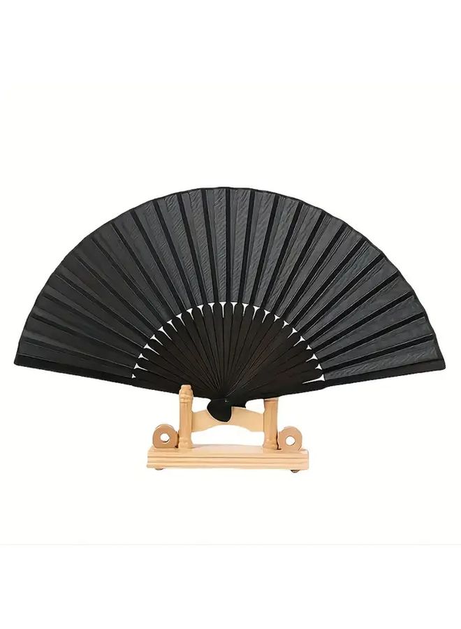 Black Chinese Bamboo Folding Fan Portable Green Leaf Design Summer Cooling - Image 3