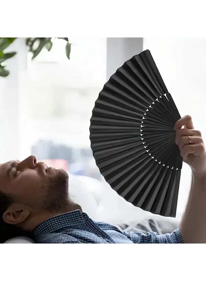 Black Chinese Bamboo Folding Fan Portable Green Leaf Design Summer Cooling - Image 5