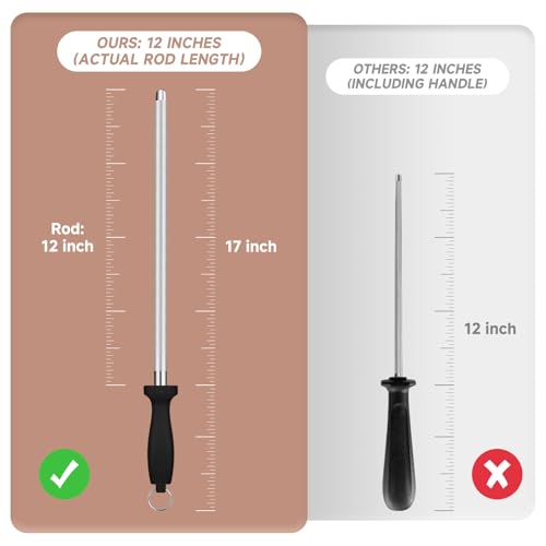 Maclia Kitchen Knife Sharpener Rod-12 Inches Professional Carbon Steel Knife Sharpening Honing Rod with Hanging Holes for Household, Chef, Hunting Sporting and Pocketknives, 17" Overall - Image 4