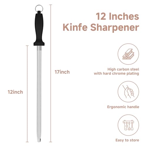 Maclia Kitchen Knife Sharpener Rod-12 Inches Professional Carbon Steel Knife Sharpening Honing Rod with Hanging Holes for Household, Chef, Hunting Sporting and Pocketknives, 17" Overall - Image 2