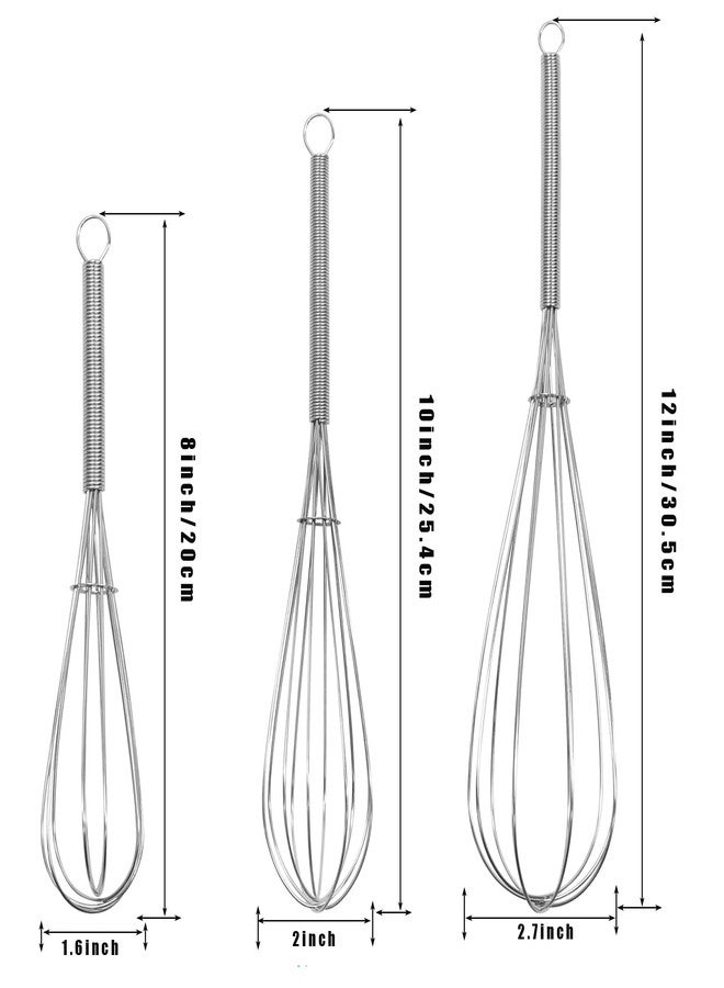 Digead Mini Wire Whisk, 3 Pack - 8, 10 & 12 Inch Small Whisk for Cooking - Ergonomic Spiral Handle, 304 Stainless Steel - Lightweight Mixing Tool for Whisking, Beating & Mixing Sauces - Silver - Image 2