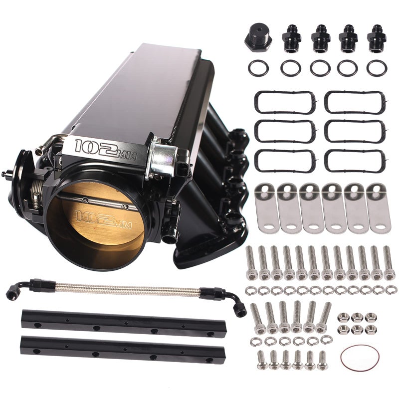 POSENG LS Intake Manifold with 102mm Throttle Body Fuel Rails Kit Replacement for Chevy 48 53 60 62 LS LS1 LS2 LS6 Sheet Metal Al Fabricated Black