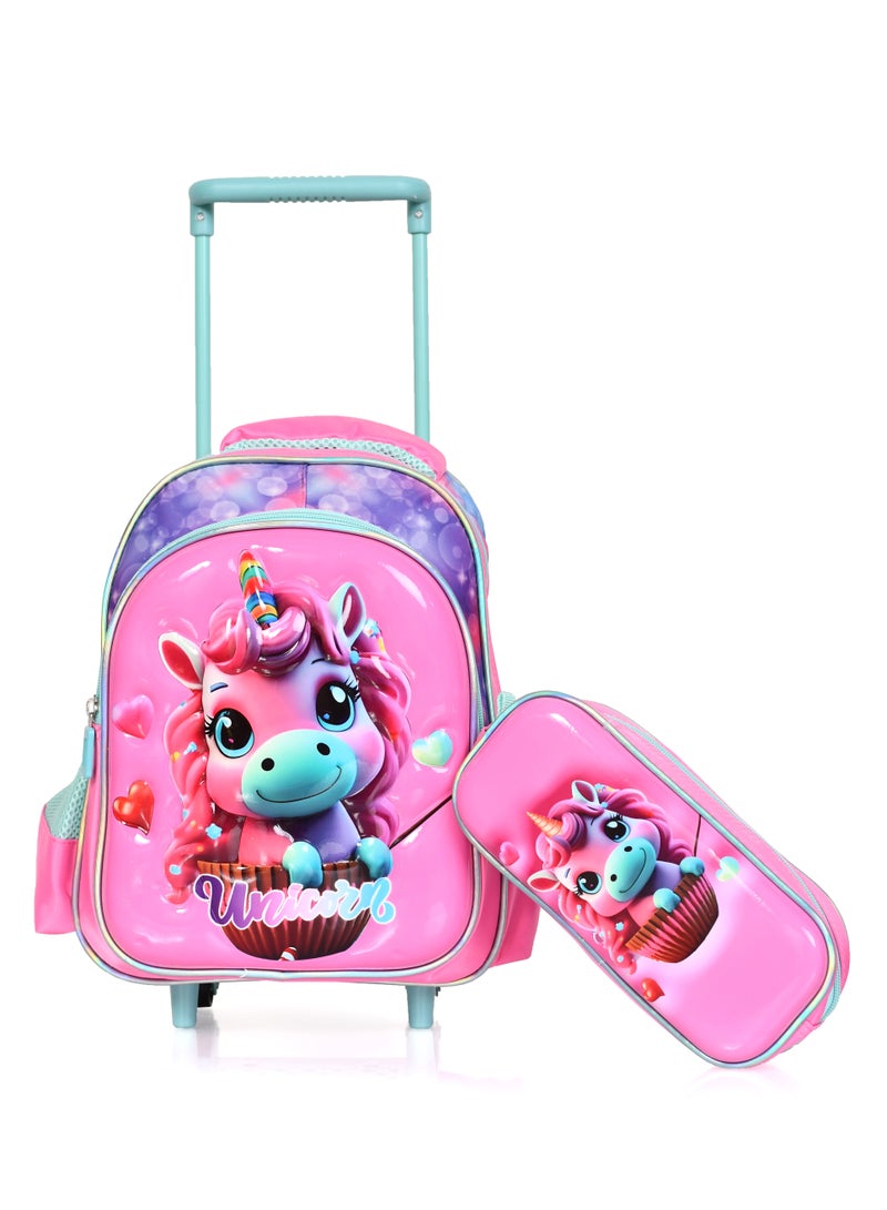 MORANO Girls School Rolling Trolley Bag with Pencil Case Size 12" - Pink  - Image 1