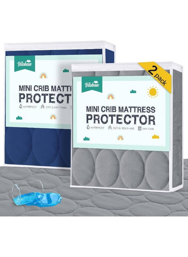 Biloban Mini Crib Mattress Protector Sheets Waterproof 2 Pack, Quilted Pack and Play Mattress Pad Cover Fits for Baby Mini Crib/Playen/Pack and Play Mattress, Grey & Navy, 38"x24" - Image 1