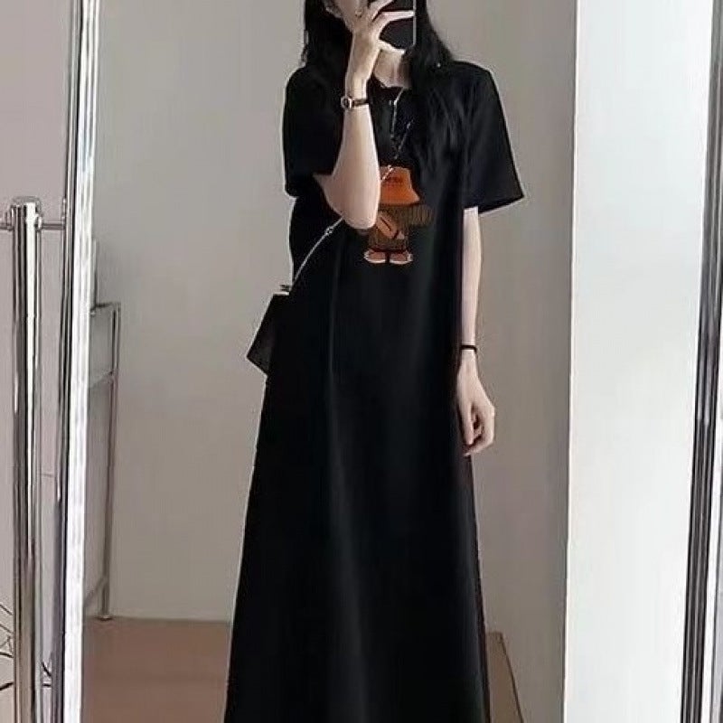 Short-Sleeved Dress Womens Simple Casual T-Shirt Long Skirt Loose Summer New Style Right Shoulder Straight Long Knee-Length Skirt Black backpack bear [excellent quality]