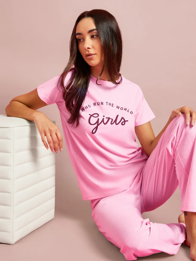 Styli Styli Who Run The World Slogan Print T-Shirt and Straight Leg Pyjama Set