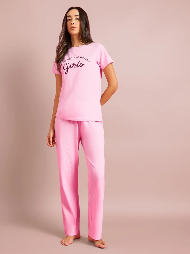Styli Styli Who Run The World Slogan Print T-Shirt and Straight Leg Pyjama Set