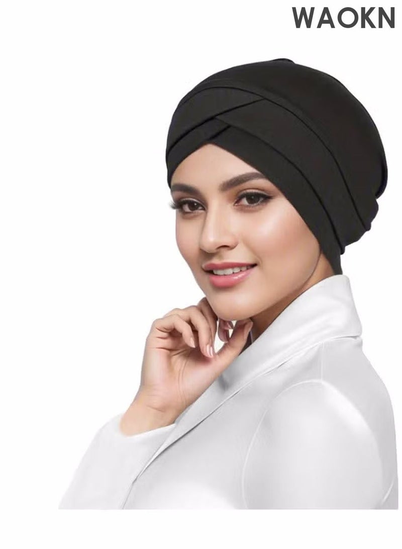 WAOKN 4 Pieces Turbans for Women Soft Turban Head Wrap Pleated Beanie Cap Under Scarf with Circular Edges Hat Cap Hijab Double-Layered High Elasticity Scarf Shawl Bone Bonnet Hijab India Hats Islamic Muslim Hat Hijab Cap Silk Soft Feel Elegant & Versatile for Women Girls - Image 2