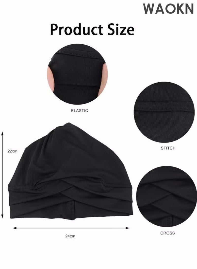 WAOKN 4 Pieces Turbans for Women Soft Turban Head Wrap Pleated Beanie Cap Under Scarf with Circular Edges Hat Cap Hijab Double-Layered High Elasticity Scarf Shawl Bone Bonnet Hijab India Hats Islamic Muslim Hat Hijab Cap Silk Soft Feel Elegant & Versatile for Women Girls - Image 3