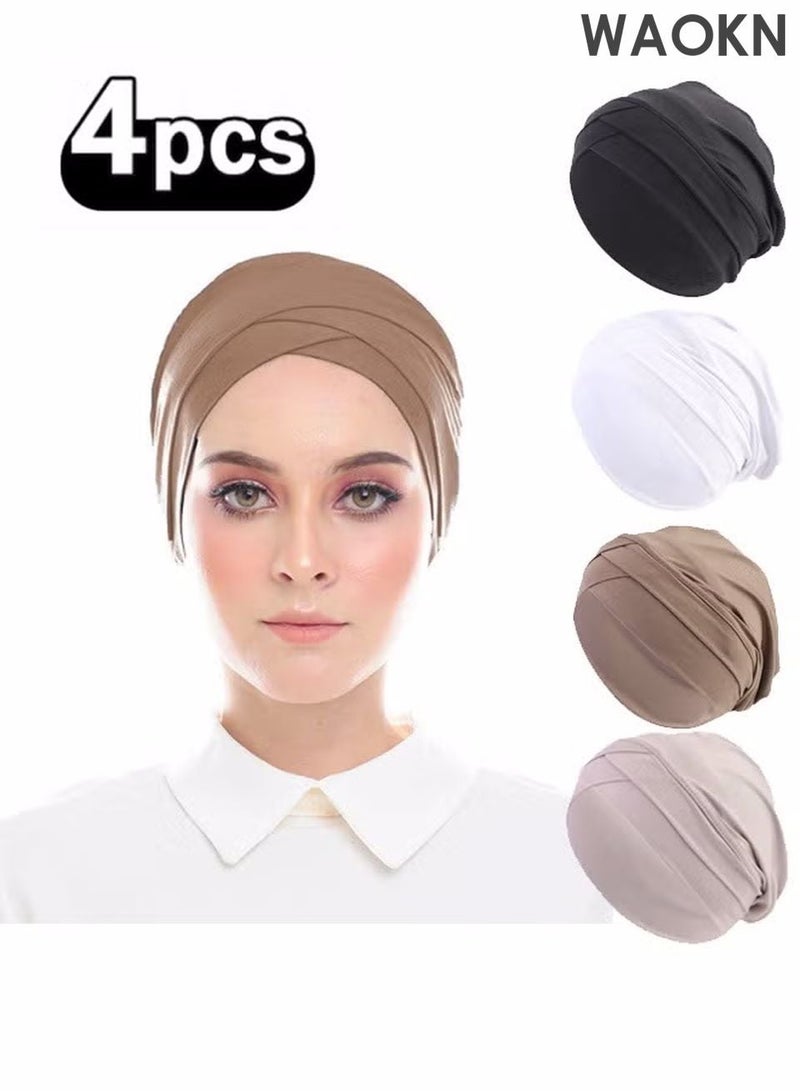 WAOKN 4 Pieces Turbans for Women Soft Turban Head Wrap Pleated Beanie Cap Under Scarf with Circular Edges Hat Cap Hijab Double-Layered High Elasticity Scarf Shawl Bone Bonnet Hijab India Hats Islamic Muslim Hat Hijab Cap Silk Soft Feel Elegant & Versatile for Women Girls - Image 1