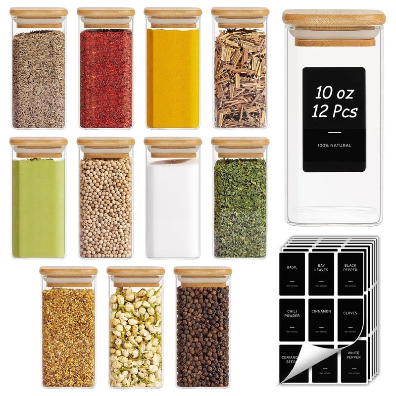 ComSaf 12Pcs Spice Jars with Labels, Glass Jar with Bamboo Lid, 10oz Airtight Square Containers with Black Lables, Empty Seasoning Jars for Spice, Salt, Pepper, Sugar - Image 1