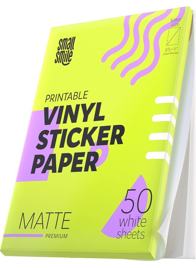 SMALL SMILE Premium Printable Vinyl Sticker Paper for Inkjet & Laser - 50 White Matte Sticker Paper (8.5 x 11, Waterproof, Durable Adhesive, Fast Dry, Holds Ink Well, Great for Cutting Machines) - Image 1
