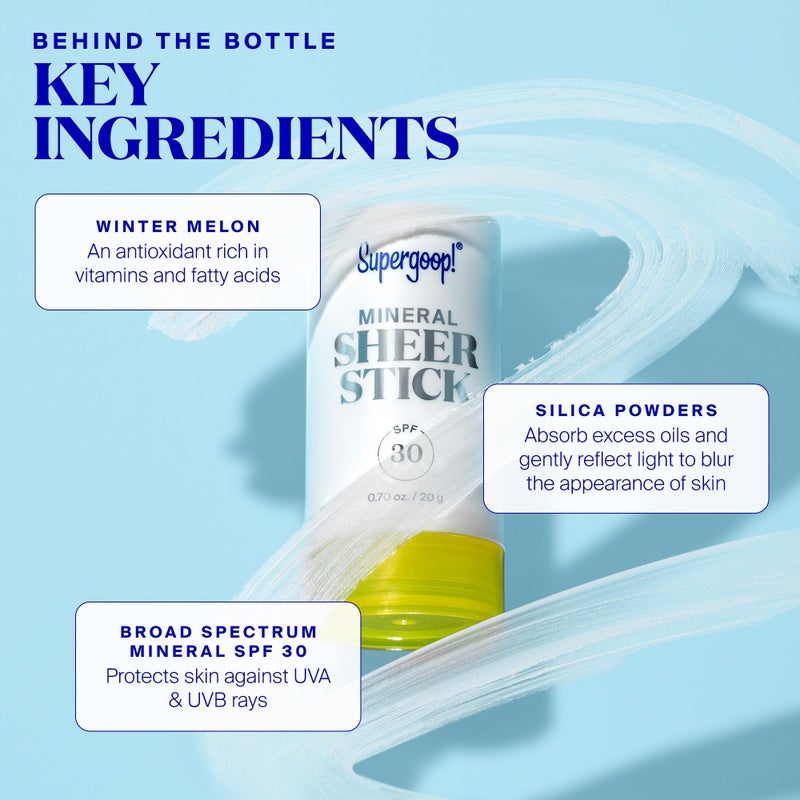 Supergoop! Mineral Sheer Stick SPF 30 Sunscreen - Mineral, Broad Spectrum Sunscreen for Face & Body - Helps Filter Blue Light - Natural Finish - For All Skin Types - 0.7 fl oz - Image 4