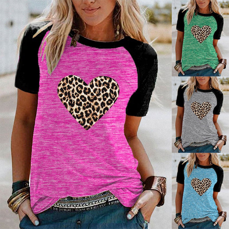 Wish Leopard Love Pattern Printed Raglan Contrast Short Sleeve T-Shirt - Image 2