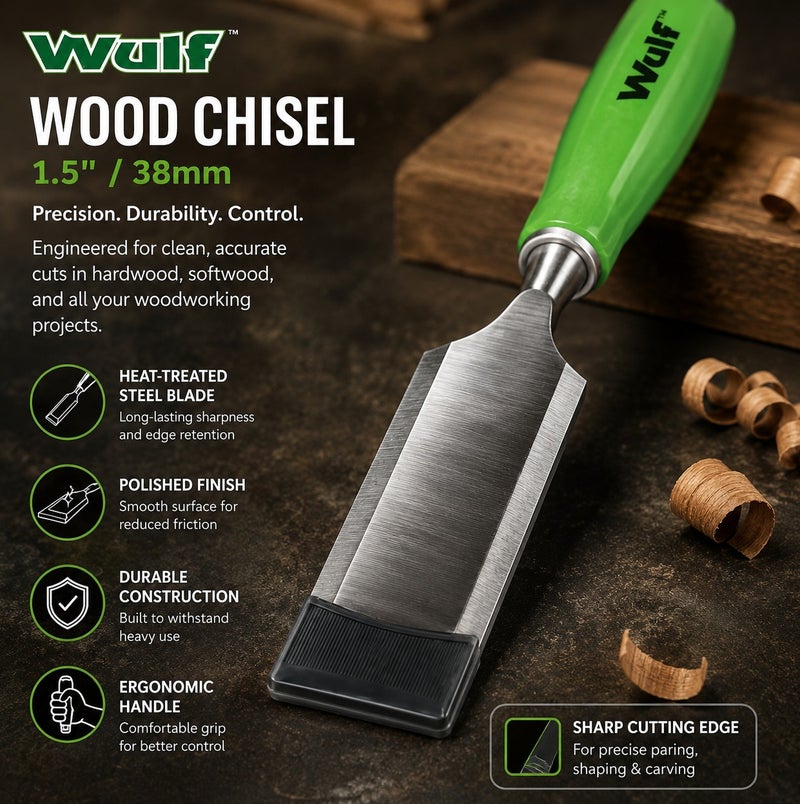 WULF 1.5-Inch 38mm Wood Chisel with Heavy-Duty Carbon Steel Blade & Ergonomic Grip Handle, Professional Carpentry Hand Tool for Woodworking, Carving, Crafting, Joinery & DIY Repair Projects - Image 5