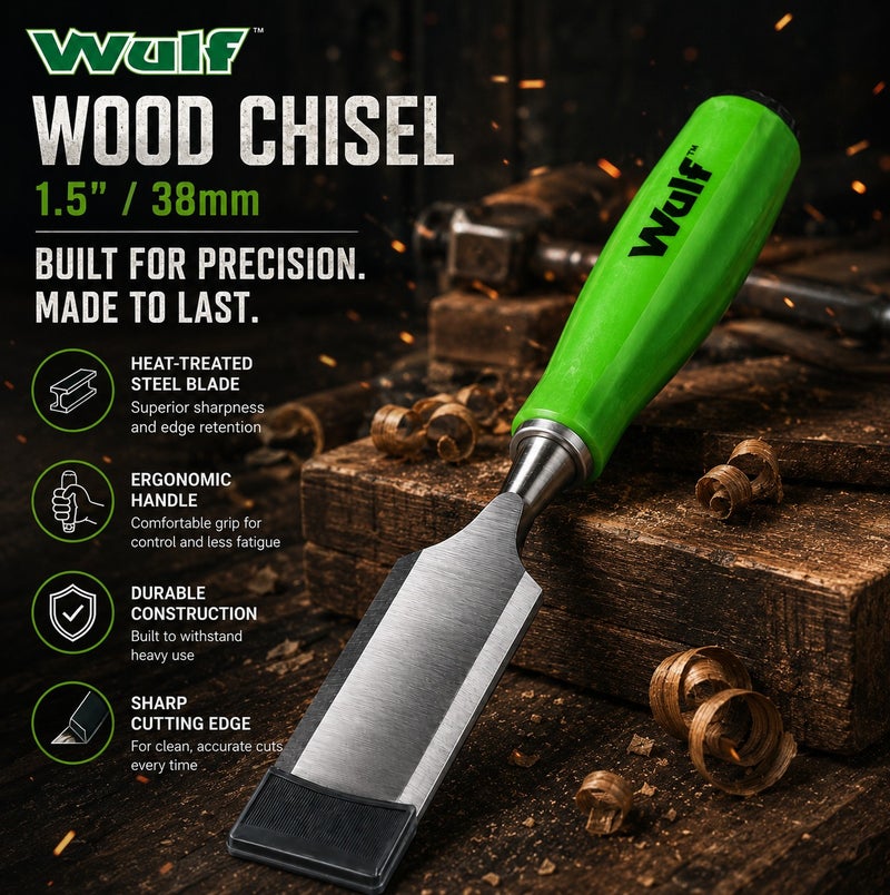 WULF 1.5-Inch 38mm Wood Chisel with Heavy-Duty Carbon Steel Blade & Ergonomic Grip Handle, Professional Carpentry Hand Tool for Woodworking, Carving, Crafting, Joinery & DIY Repair Projects - Image 2