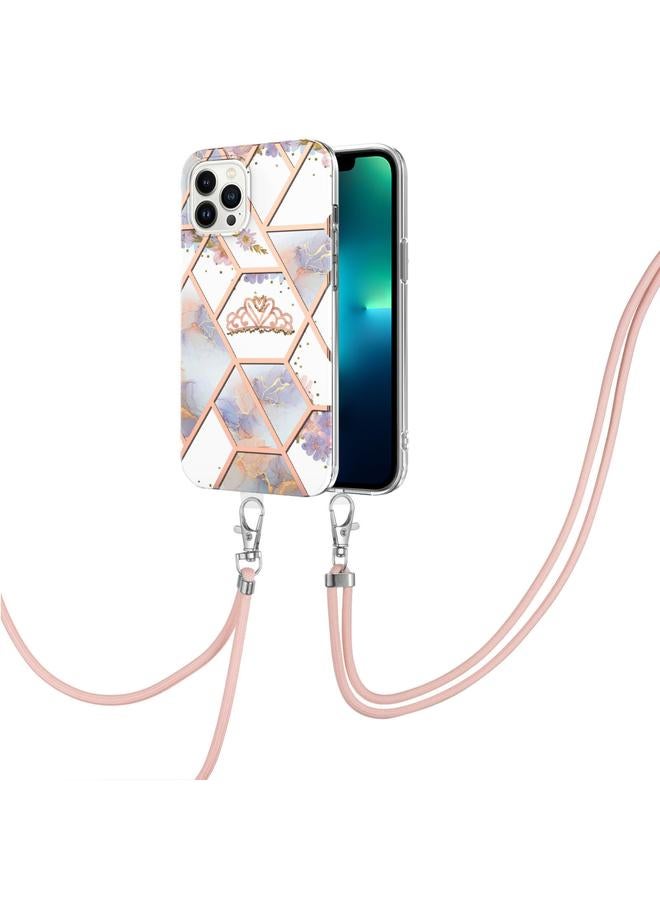 اس-توب جراب لهاتف iPhone 15 Pro مصنوع من مادة TPU المقاومة للصدمات بتصميم زهور رخامية مطلية بالكهرباء مع حبل تعليق - Image 1