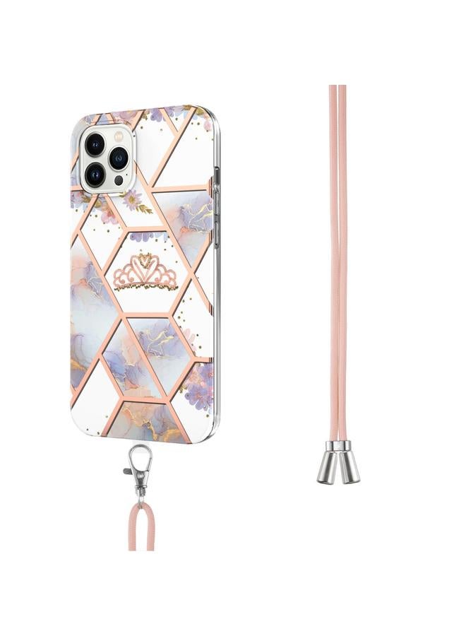 اس-توب جراب لهاتف iPhone 15 Pro مصنوع من مادة TPU المقاومة للصدمات بتصميم زهور رخامية مطلية بالكهرباء مع حبل تعليق - Image 3