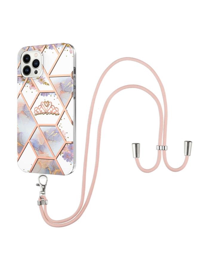 اس-توب جراب لهاتف iPhone 15 Pro مصنوع من مادة TPU المقاومة للصدمات بتصميم زهور رخامية مطلية بالكهرباء مع حبل تعليق - Image 2