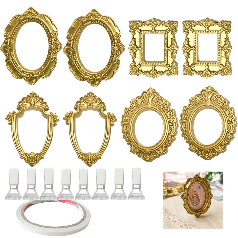 XLANMAY 8Set Mini Gold Frames - Vintage Resin Picture DIY Small Display Frames with Double-Sided Tape and 8pcs Holder Photography Resin Photo Frame for Decoration - Image 1