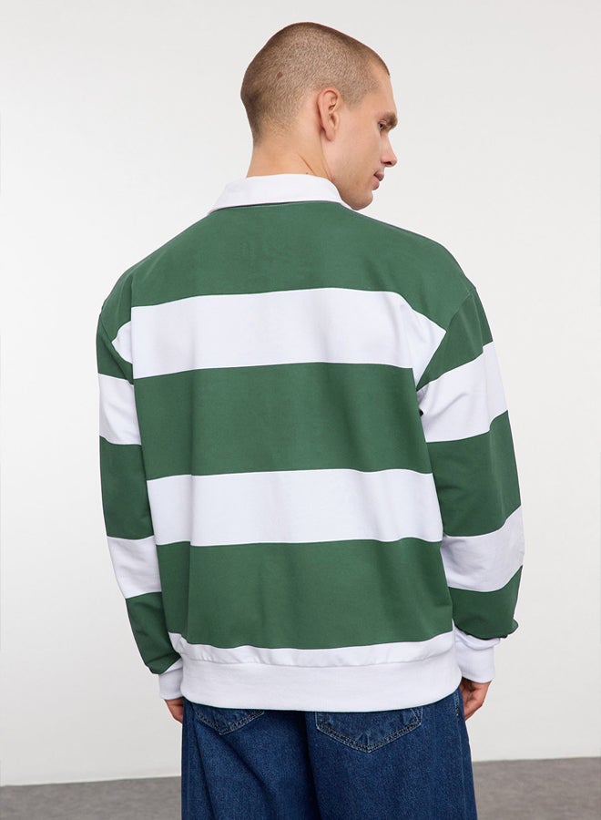 trendyol Khaki Oversize/Wide Cut Striped Polo Collar Unmarked Sweatshirt - Image 4