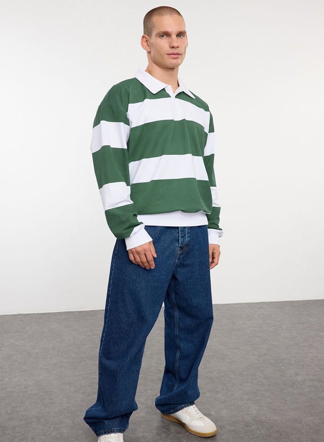 trendyol Khaki Oversize/Wide Cut Striped Polo Collar Unmarked Sweatshirt - Image 3