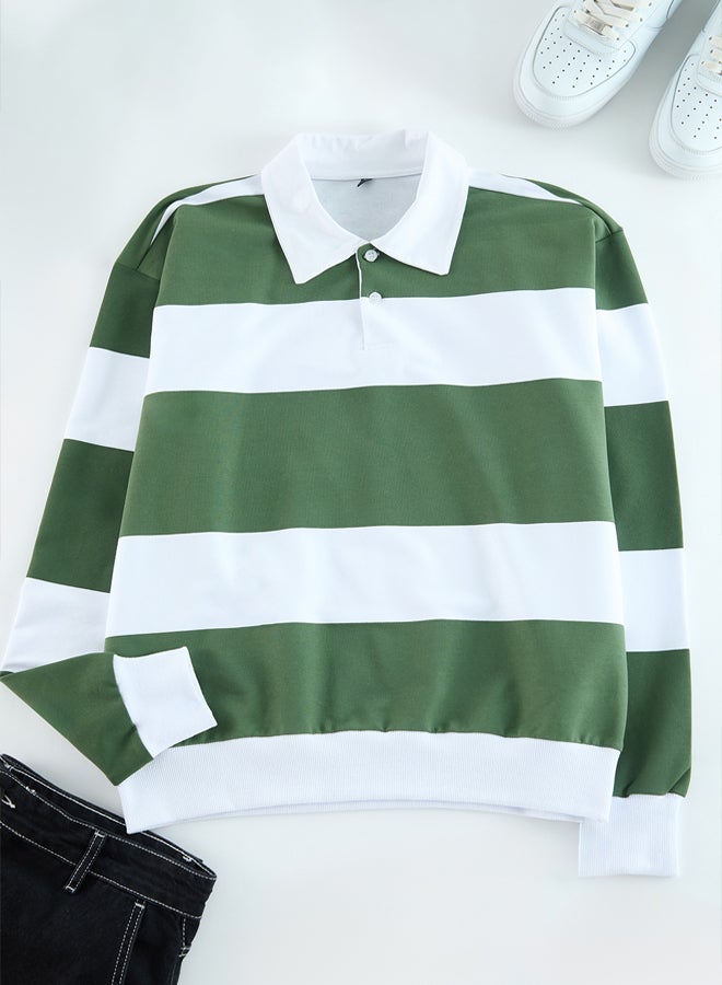 trendyol Khaki Oversize/Wide Cut Striped Polo Collar Unmarked Sweatshirt - Image 5