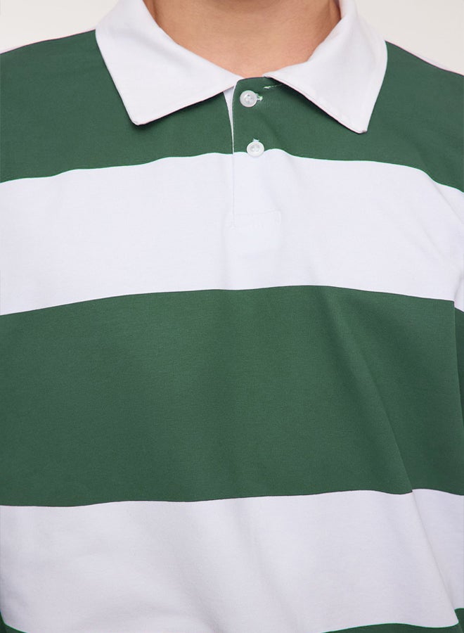 trendyol Khaki Oversize/Wide Cut Striped Polo Collar Unmarked Sweatshirt - Image 2