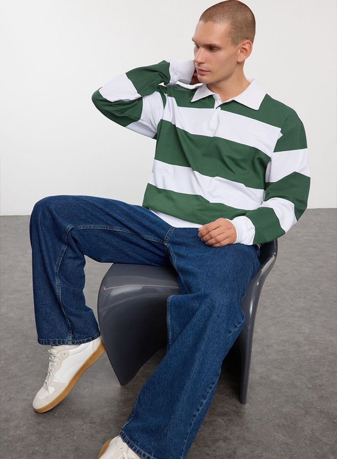 trendyol Khaki Oversize/Wide Cut Striped Polo Collar Unmarked Sweatshirt - Image 1