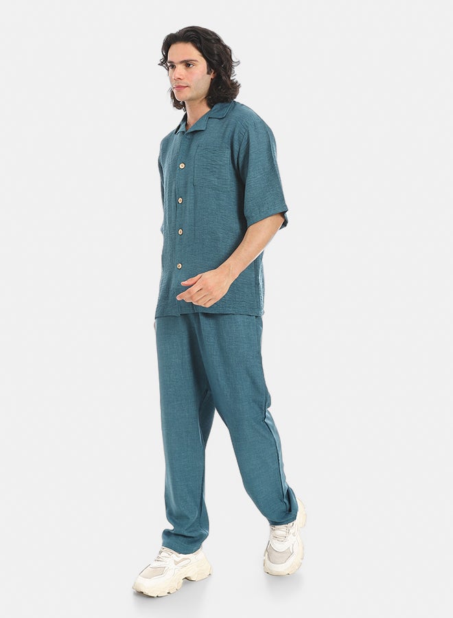 Red Circle Linen Turn Down Collar Shirt and Pants Set  - Image 2