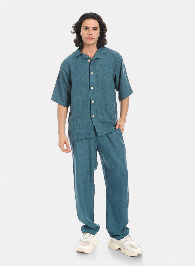 Red Circle Linen Turn Down Collar Shirt and Pants Set  - Image 1