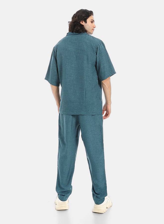Red Circle Linen Turn Down Collar Shirt and Pants Set  - Image 3