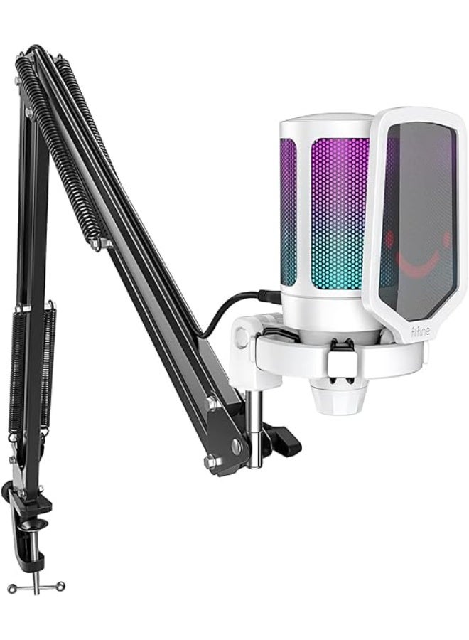FIFINE Streaming Gaming USB Microphone Kit, PC Condenser RGB Mic Compatible with PS4/PS5, Plug and Play for Music Recording, Online Game, Discord, Twitch, with Pop Filter, Shock Mount-A6T White - Image 1