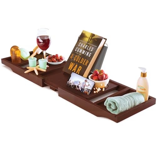 Bambüsi Brown Bathtub Tray for Tub - Bamboo Bath Tray, Expandable Wooden Bath Caddy Tray with Wine Holder, Book and Tablet Stand, Bathroom Accessories, Tub Table, Bridal Shower Gifts for Women - Image 1