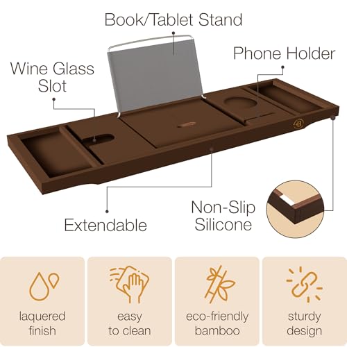 Bambüsi Brown Bathtub Tray for Tub - Bamboo Bath Tray, Expandable Wooden Bath Caddy Tray with Wine Holder, Book and Tablet Stand, Bathroom Accessories, Tub Table, Bridal Shower Gifts for Women - Image 4