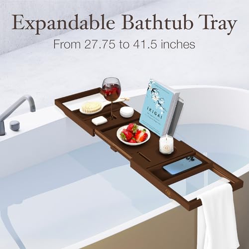 Bambüsi Brown Bathtub Tray for Tub - Bamboo Bath Tray, Expandable Wooden Bath Caddy Tray with Wine Holder, Book and Tablet Stand, Bathroom Accessories, Tub Table, Bridal Shower Gifts for Women - Image 3
