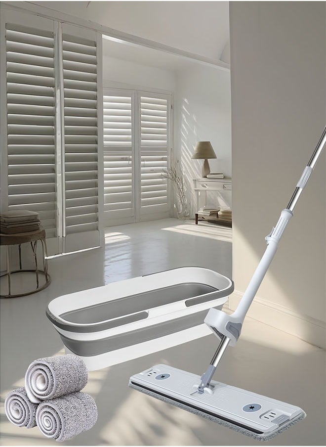 Self Wringing Flat Mop and Folding Bucket Microfiber Mop Pads Hand Free Wringing Floor Clean Mop with 3 Pads for Hardwood Laminate Tile Floor and Window Cleaning
