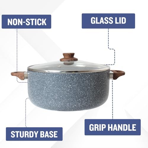 PLUMM Get Plumm Sauce Pot Cookware with Handle | Granite Stone Kadhai with Lid | Induction Base Biryani Pot Glass lid | Cool Touch Wooden Handle | Cooking Handi Pot (24 cm,Gray) - Image 5