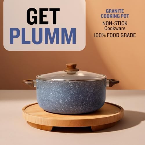 PLUMM Get Plumm Sauce Pot Cookware with Handle | Granite Stone Kadhai with Lid | Induction Base Biryani Pot Glass lid | Cool Touch Wooden Handle | Cooking Handi Pot (24 cm,Gray) - Image 3
