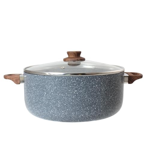 PLUMM Get Plumm Sauce Pot Cookware with Handle | Granite Stone Kadhai with Lid | Induction Base Biryani Pot Glass lid | Cool Touch Wooden Handle | Cooking Handi Pot (24 cm,Gray) - Image 1