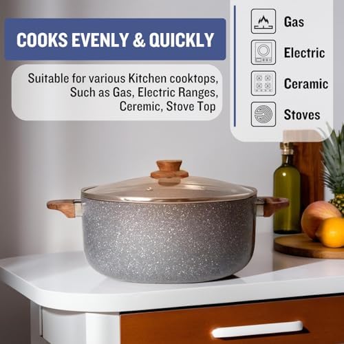 PLUMM Get Plumm Sauce Pot Cookware with Handle | Granite Stone Kadhai with Lid | Induction Base Biryani Pot Glass lid | Cool Touch Wooden Handle | Cooking Handi Pot (24 cm,Gray) - Image 4