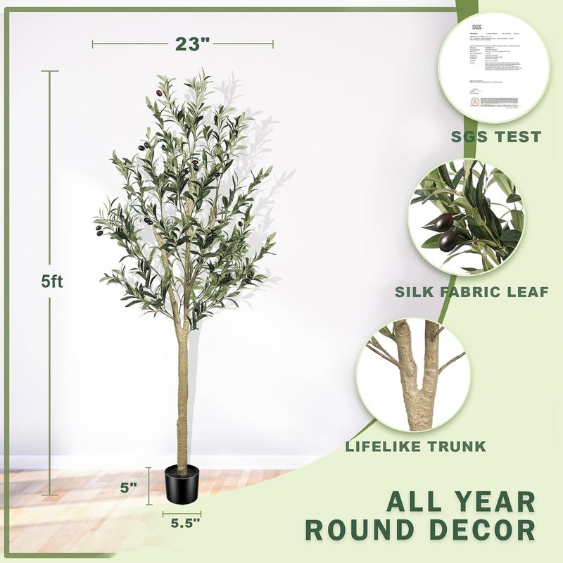LYERSE Cleaner resistant 5ft Olive Tree Artificial Indoor, Fake Potted Tree with Planter Large Faux Branches Global assemble options - Image 1