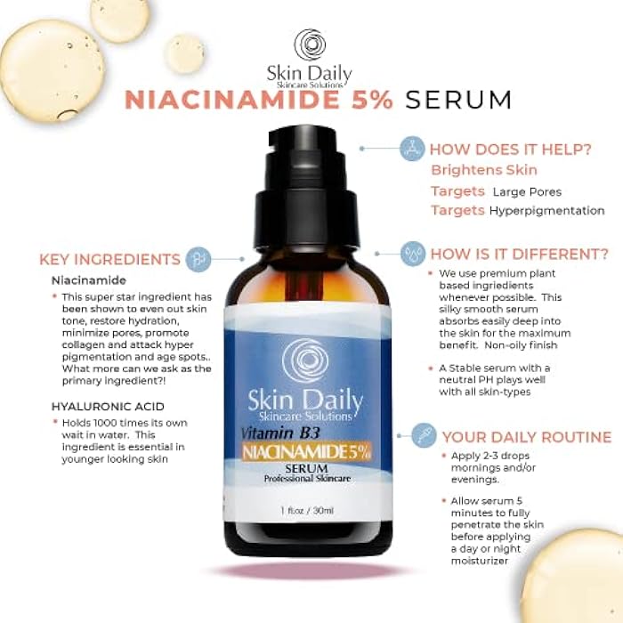 Skin Daily Skincare Solutions SkinDaily Niacinamide Serum for Face -1oz- Vitamin B3 Pore Minimizer Dermatologist Recommend Concentration - Targets Aging Skin, Wrinkles, Dark Spots - Superior Moisturizer and Skin Brightening - Image 4