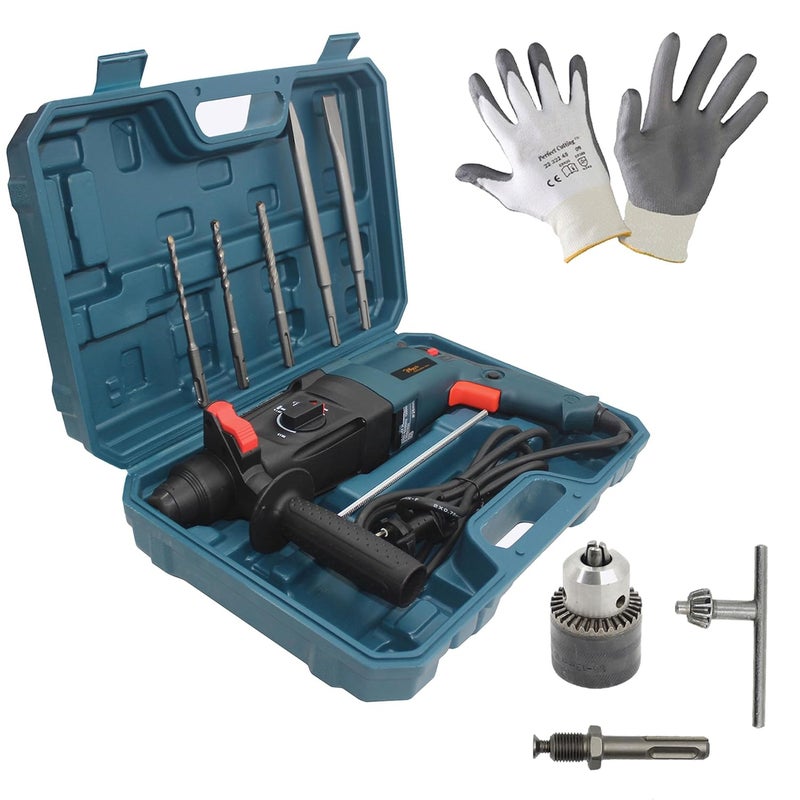 Hillgrove Hillgrove HGCM1032M4 26mm 1200W Hammer Impact Drill Machine ForwardReverse Rotation with Safety Gloves and 5Pcs SDS Plus Bits and Drill Chunk13mmSDS Adapter for Making Holes in MetalWoodConcrete  - Image 1