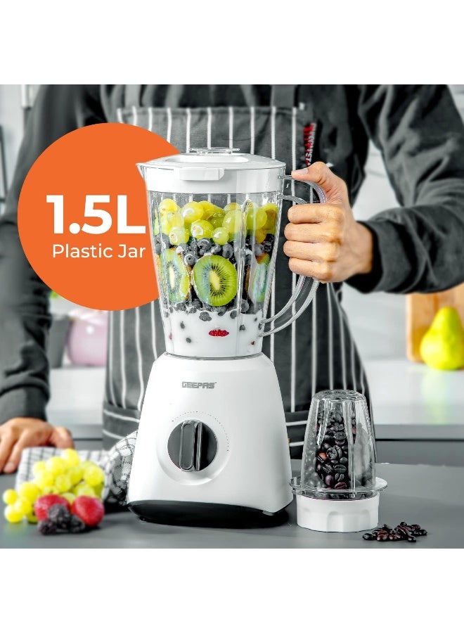 GEEPAS 2-in-1 Blender, Powerful Motor With 2 Speed Setting and Pulse| Transparent And Unbreakable Jars With Stainless Steel Blade, Grinder Attachment| Perfect For making Smoothies, Milkshakes, Etc And Grinding Beans, Coconut, Nuts, Etc|2 Years Warranty 1.8 L 600 W GSB44027T White/Black - Image 4