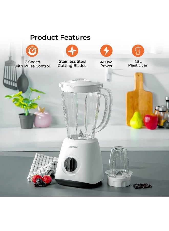 GEEPAS 2-in-1 Blender, Powerful Motor With 2 Speed Setting and Pulse| Transparent And Unbreakable Jars With Stainless Steel Blade, Grinder Attachment| Perfect For making Smoothies, Milkshakes, Etc And Grinding Beans, Coconut, Nuts, Etc|2 Years Warranty 1.8 L 600 W GSB44027T White/Black - Image 2