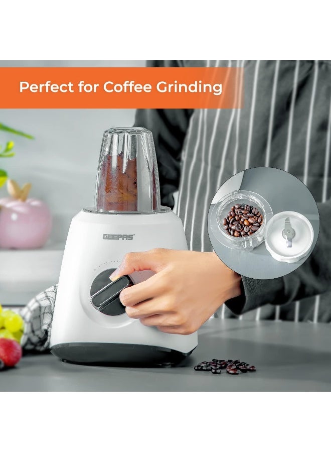 GEEPAS 2-in-1 Blender, Powerful Motor With 2 Speed Setting and Pulse| Transparent And Unbreakable Jars With Stainless Steel Blade, Grinder Attachment| Perfect For making Smoothies, Milkshakes, Etc And Grinding Beans, Coconut, Nuts, Etc|2 Years Warranty 1.8 L 600 W GSB44027T White/Black - Image 3