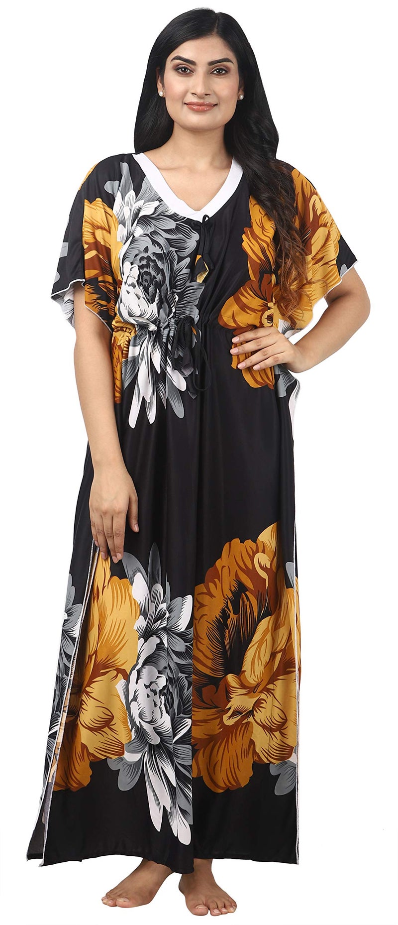 Noty Store Noty Women's Kaftan Nighty | Serena Fabric | Floral Print Maxi | Short Sleeves | V Shaped Neck (Free Size, Mustard & Black) - Image 1