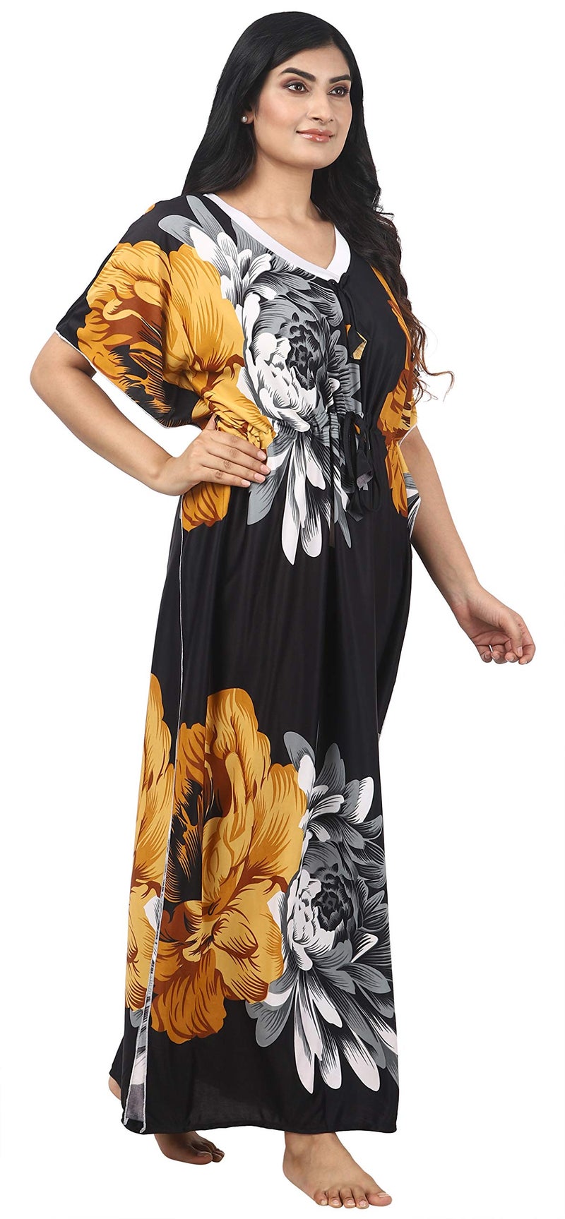 Noty Store Noty Women's Kaftan Nighty | Serena Fabric | Floral Print Maxi | Short Sleeves | V Shaped Neck (Free Size, Mustard & Black) - Image 4